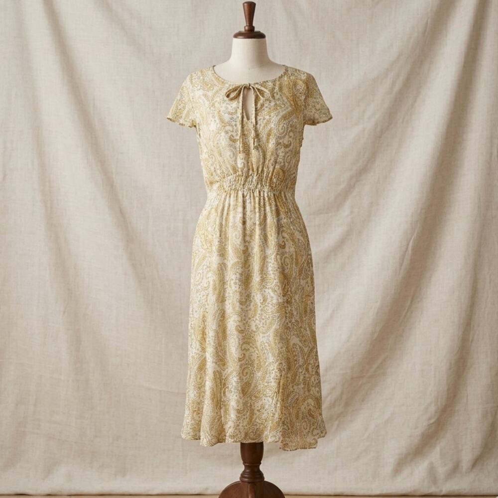 Lucky Brand Yellow Paisley Boho Midi Dress Size L Short Flutter Sleeves - Picture 1 of 7